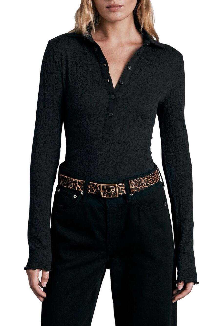 Rag & Bone Gemma Jacquard Polo Black Floral Blouse Size M